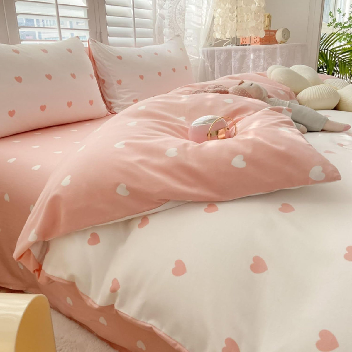 Merry Christmas Toddler Duvet Cover Set - Santa & Deer Cartoon, Pink Plaid, Includes Pillowcase (No Comforter)