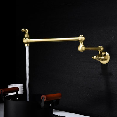Pot Filler Faucet Wall Mount - Gold Brass, Arm For Convenient Usage, Double Handles To Control Water Flow Precisely, Corrosion Surface Defence System, Quiet And Non-Turbulent Aerator Brass With