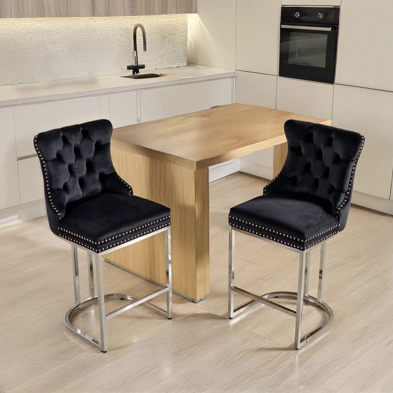 25" Counter Height Bar Stools Set Of 2, Black Velvet