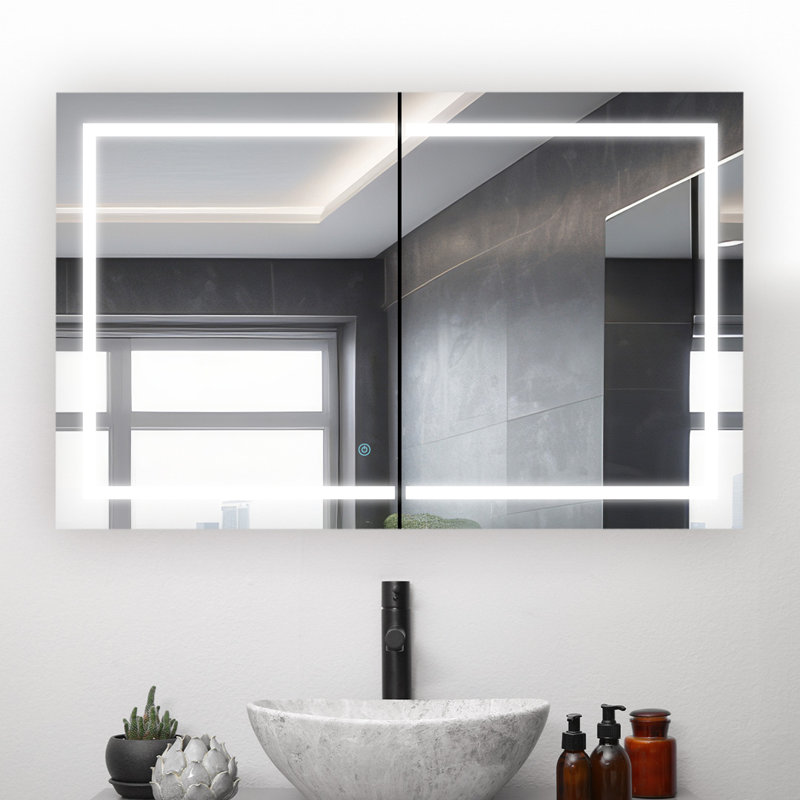 Armoire à pharmacie avec désembueur à DEL, l 40 po x H 36 po x P 5 po Cieren, gradateur, miroir grossissant à DEL réglable 3X, prises électriques