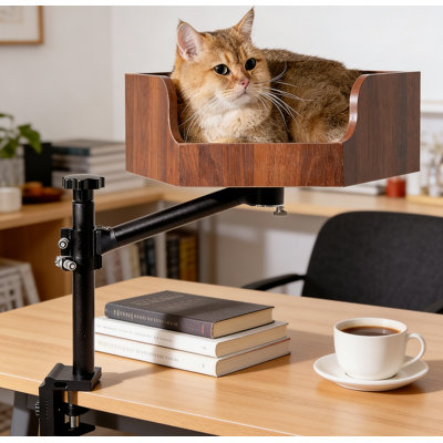 17.91 " Multi-height Adjustable Cat Perch Bed - Solid Wood Platform With Heavy-duty Metal Clamp Stand, Elevated Cat Resting Spot For Indoor Cats, Modern Rustic Cat Bed For Living Room, Bedroom & Home Office