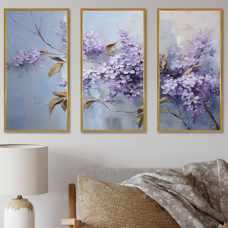 Ensemble d'art mural lilas mauve et mauve en fleurs II, Cadre flottant doré, H 32 po x l 48 po x P 1 po