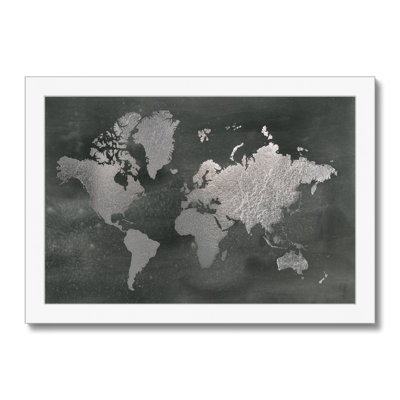 Large Silver World Map On Black Wash by Jennifer Goldberger - Painting