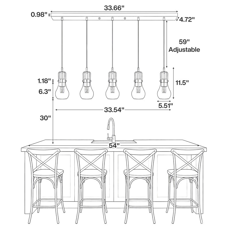 Lustre linéaire à 5 lumières avec hauteur réglable