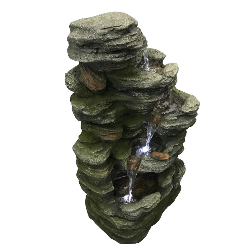 Multilevel Stone Outdoor Fountain with Cool White LED Lights