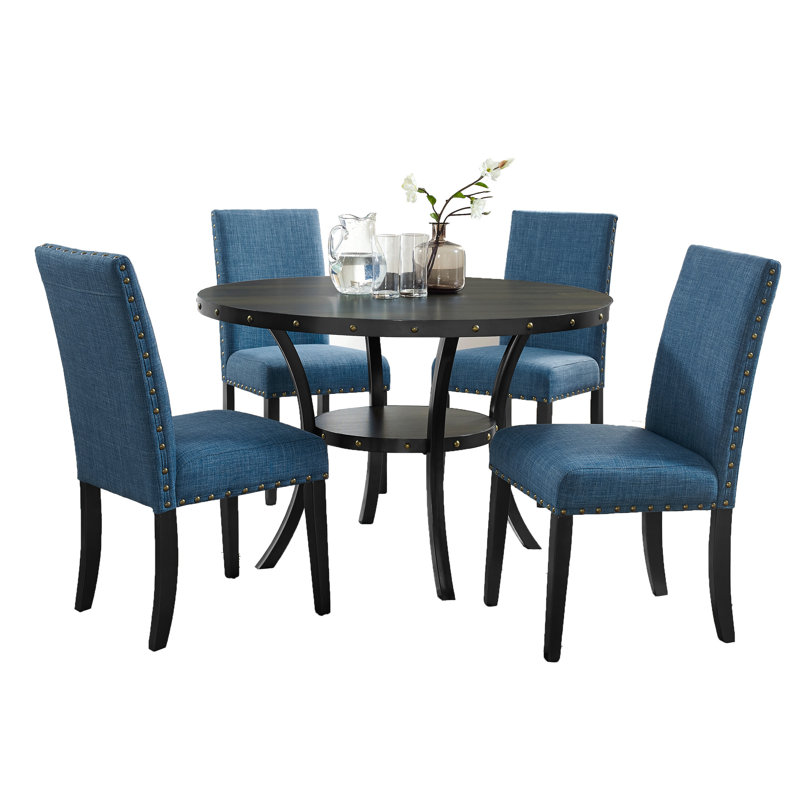 Salle à manger en bois avec chaises en tissu bleu, mobilier de 5 pièces, pieds et structure de table ronde en métal, 4 chaises confortables