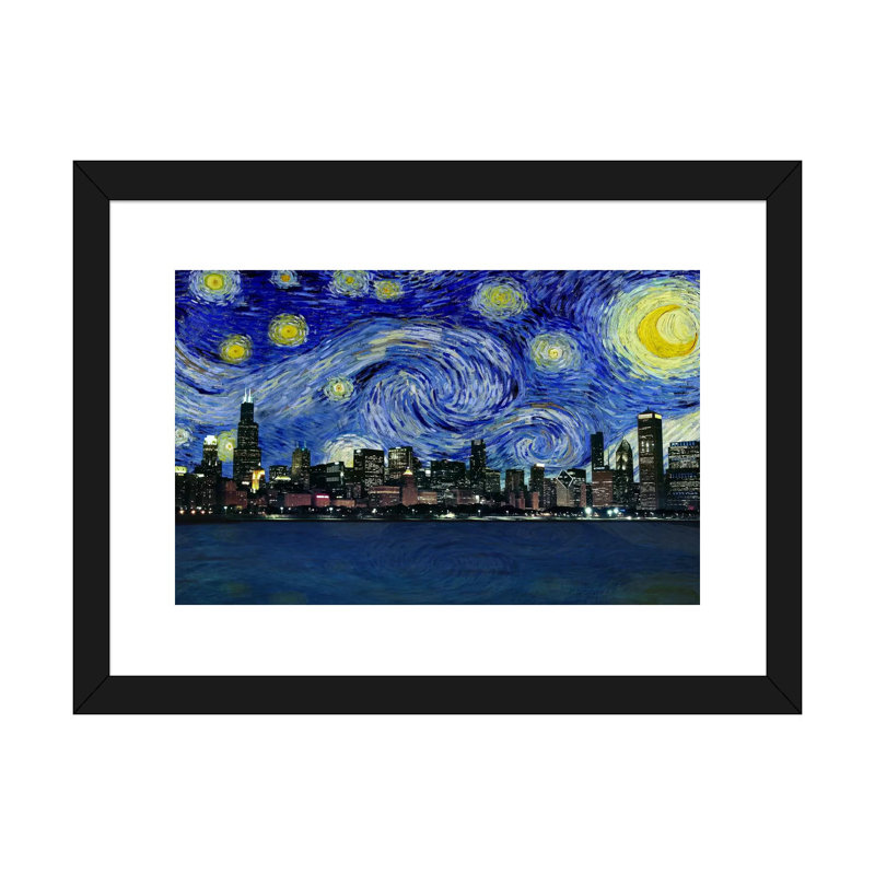 Chicago, Illinois, nuit étoilée, impression d'art graphique, H 24 po x l 32 po x P 1 po, Papier encadré noir