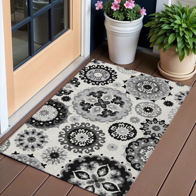 Tapis intérieur / extérieur 3 pi x 5 pi noir et gris à motif floral lavable