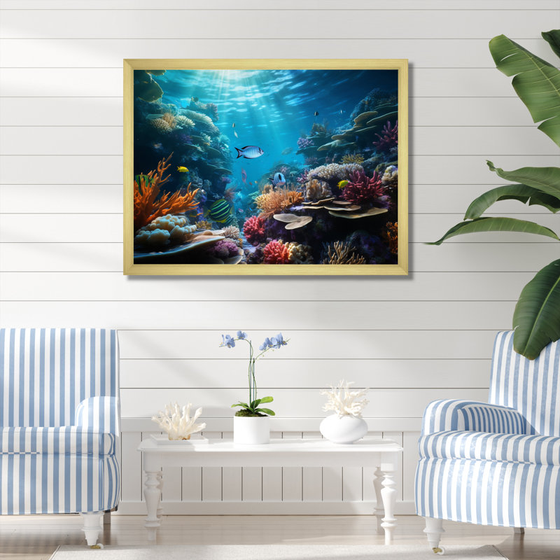 Toile de corail, art marin, impression côtière - Coral Seascape III, H 24 po x l 32 po x P 1 po, Cadre doré simple