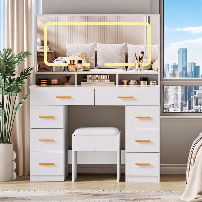 Meuble-lavabo à DEL 42 po avec grand miroir, 8 tiroirs et station de charge, coiffeuse moderne avec plateau en verre, tabouret de rangement, pour le vestiaire de la chambre à coucher