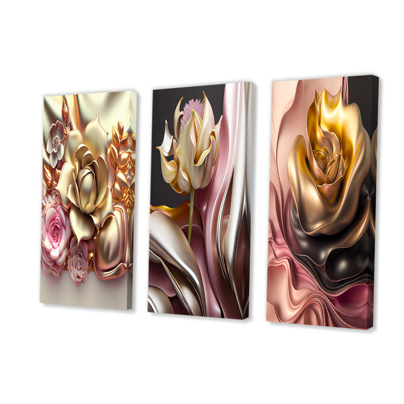 Liquide or et fleurs modernes roses IV - ensemble de 3 impressions sur toile tendue, H 32 po x l 48 po x P 1 po