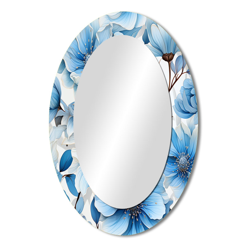 Motif de rêve floral bleu et blanc Rhodi - grand miroir floral, miroir mural décoratif de campagne, impression d'art en métal