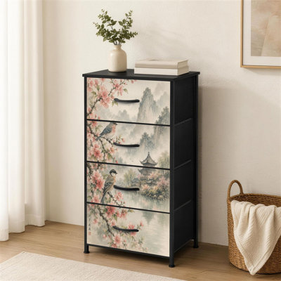 Commode à 4 tiroirs pour oiseaux de chambre à coucher Branches de cerisier en fleurs Paysage traditionnel asiatique Petite commode pour vêtements