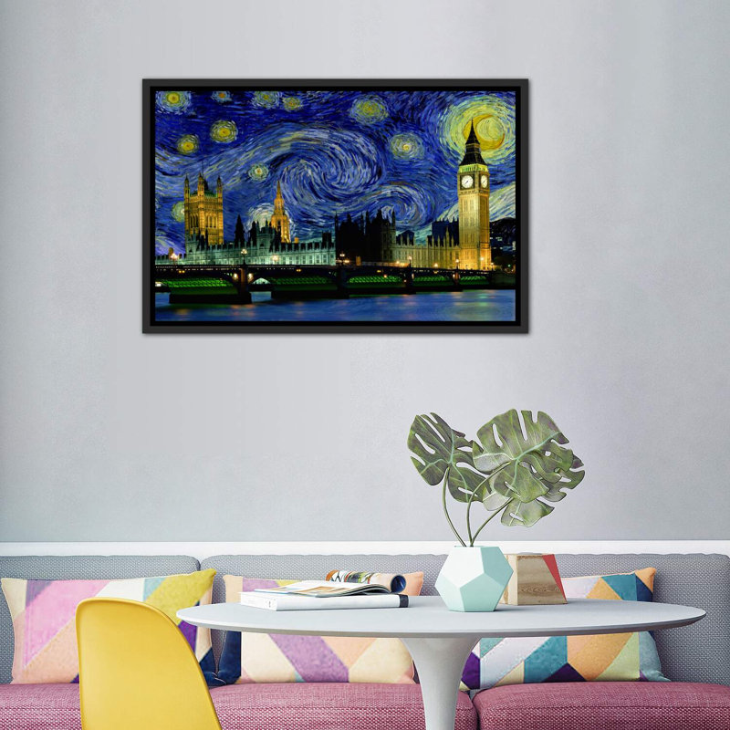 London, England Starry Night Skyline - impression d'art graphique, H 40 po x l 60 po x 1,5 po, Toile encadrée noir délavé