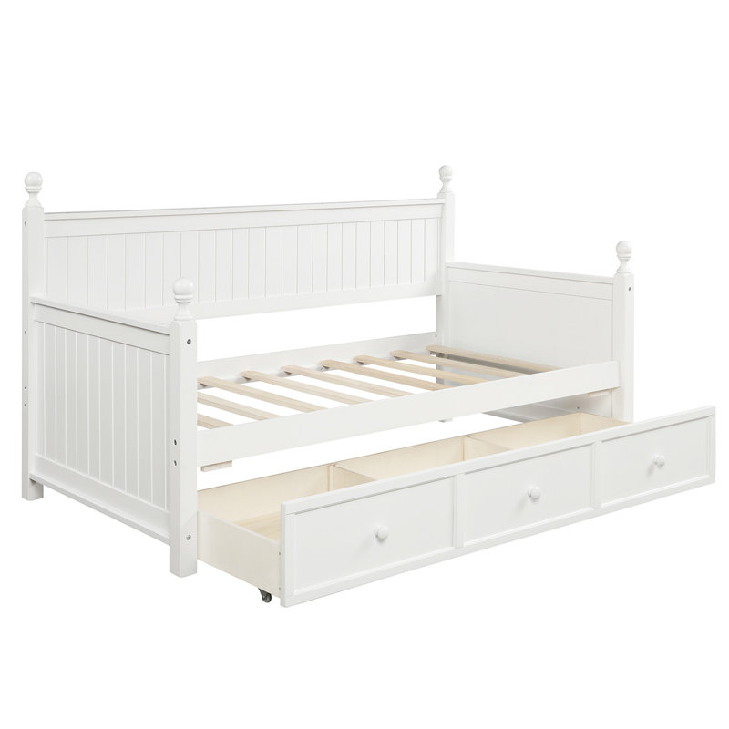 Lit de jour en bois avec trois tiroirs, aucun sommier nécessaire, Blanc