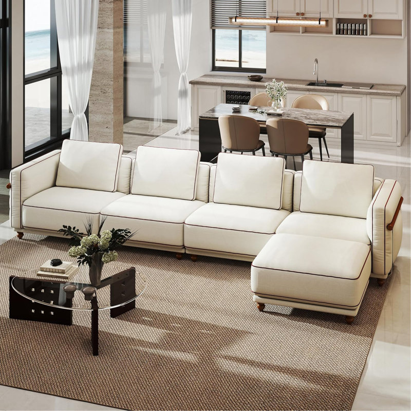 Boneless Modular Sectional Sofa: Luxury Cloud Sofa With Ottoman, Sofa Cushions, Removable & Washable, Soft Linen Sofa, Extra-Large White Living Room Sofa