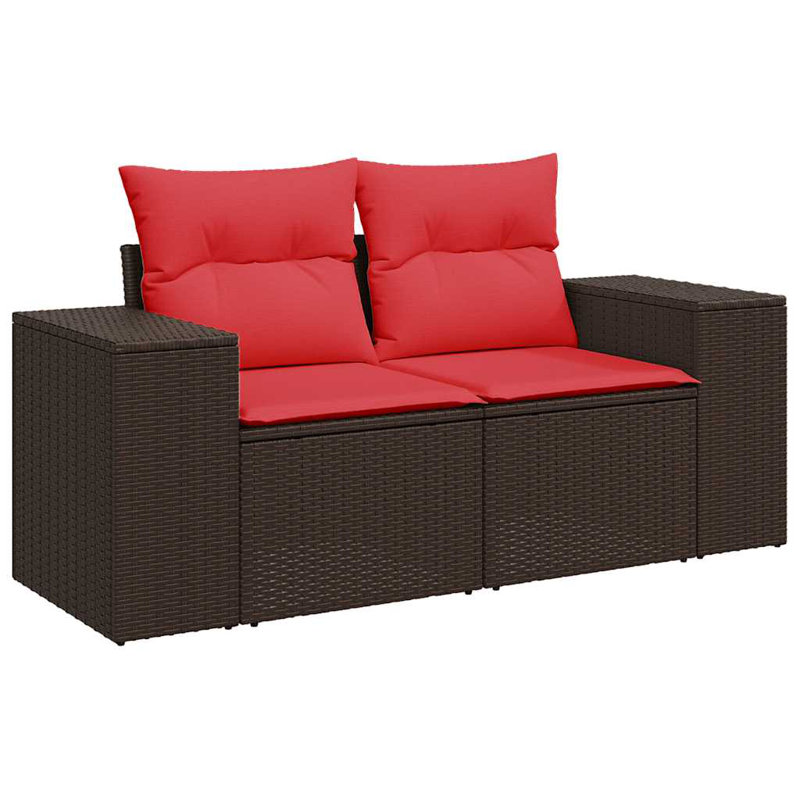11 Piece Patio Sofa Set With Cushions Poly Rattan, Red Cushion/Brown Frame