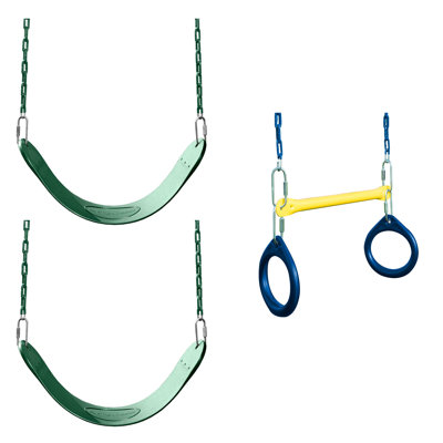 Ensemble de balançoires 3 pièces - 2 balançoires avec chaînes et 1 trapèze / anneau, vert