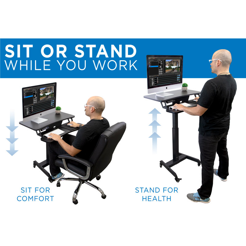 Mount-It! Adjustable Black Steel Mobile Standing Desk with Keyboard Tray 31.5"