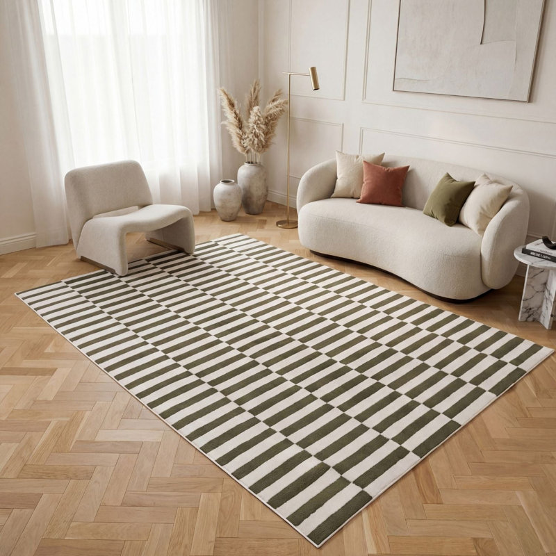 Loft Modern Striped Living Room Area Rug and Runner Soft Pile, Green/Ivory, Rectangle 200 x 290 cm