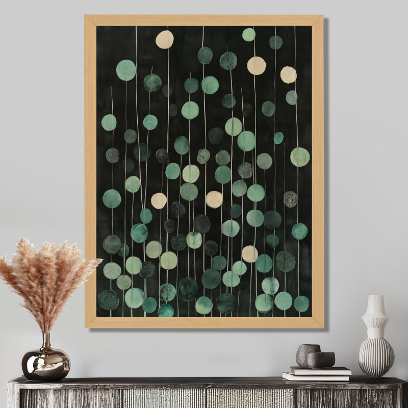 Brins de points verts - Tableau abstrait encadré sur toile, H 20 po x l 12 po, Cadre naturel