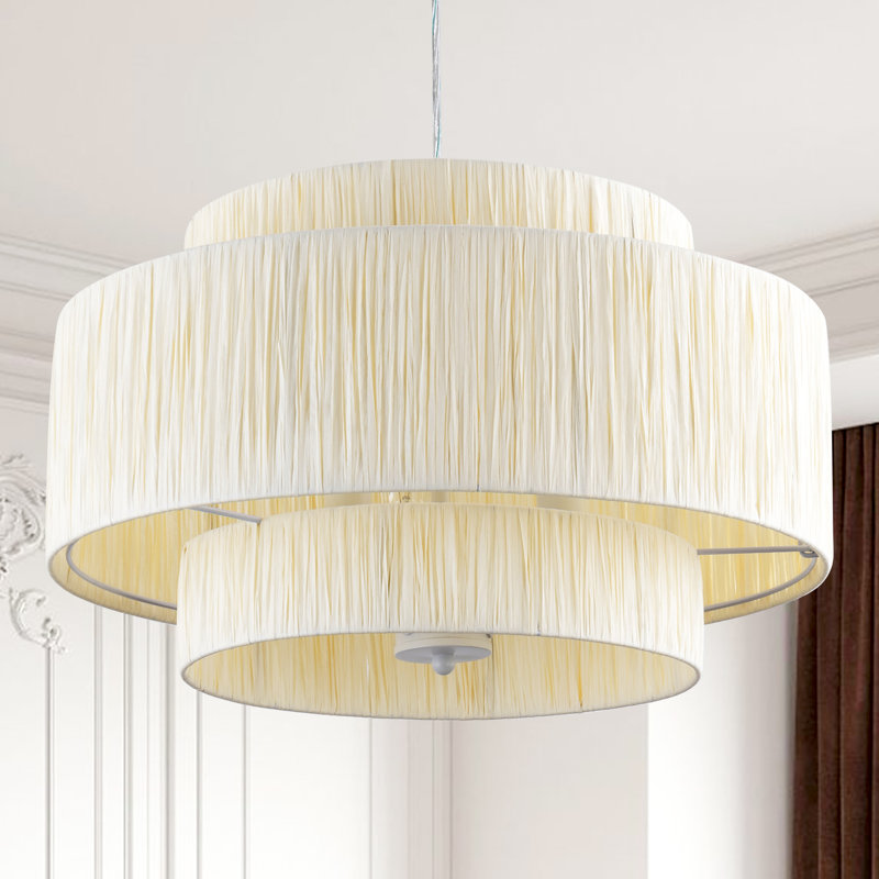 Frese 20" W 3-Light Rattan Drum Chandelier, White / Cream