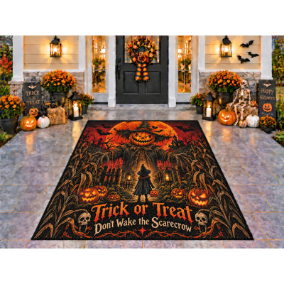 Tapis d'extérieur 5' x 7' motif citrouille d'Halloween, épouvantail et champ de maïs, épais, solide, imperméable, en PVC bouclé, tapis de patio résistant, tapis intérieur/extérieur à séchage rapide pour porche, terrasse, balcon et entrée.