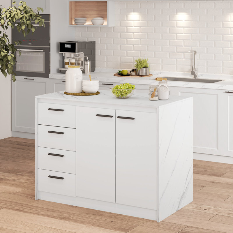 Îlot de cuisine en marbre avec tablette réglable à 4 tiroirs et armoire blanche