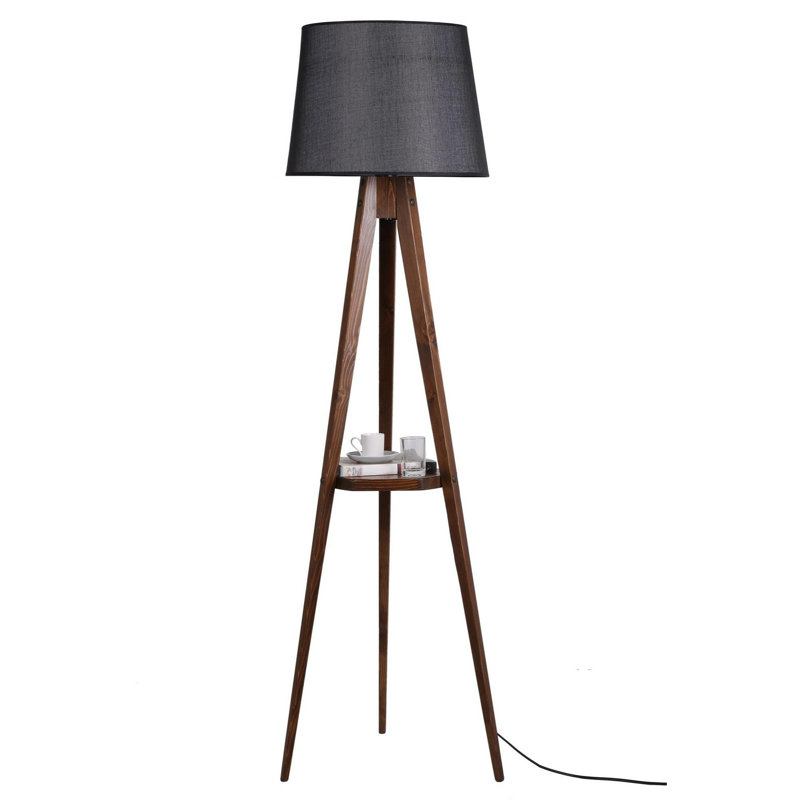 Luro Elegant Floor Lamp with FIR TREE Body, Black & Walnut Finish | 63.0 in Height, 17.7 in Cap Diameter | Wooden Shelf (10.2 x 10.2 in) | On/Off Switch, A++ Energy Efficient, E27 Socket, Perfect for Living Room & Office Decor