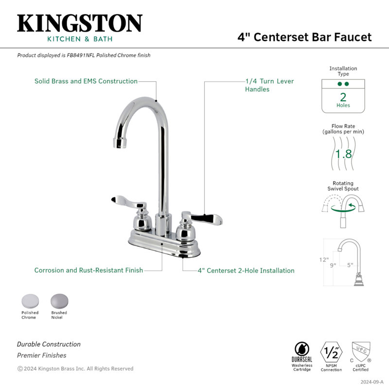 Kingston Brass Nuwave French Two-Handle 2-Hole Deck Mount Bar Faucet