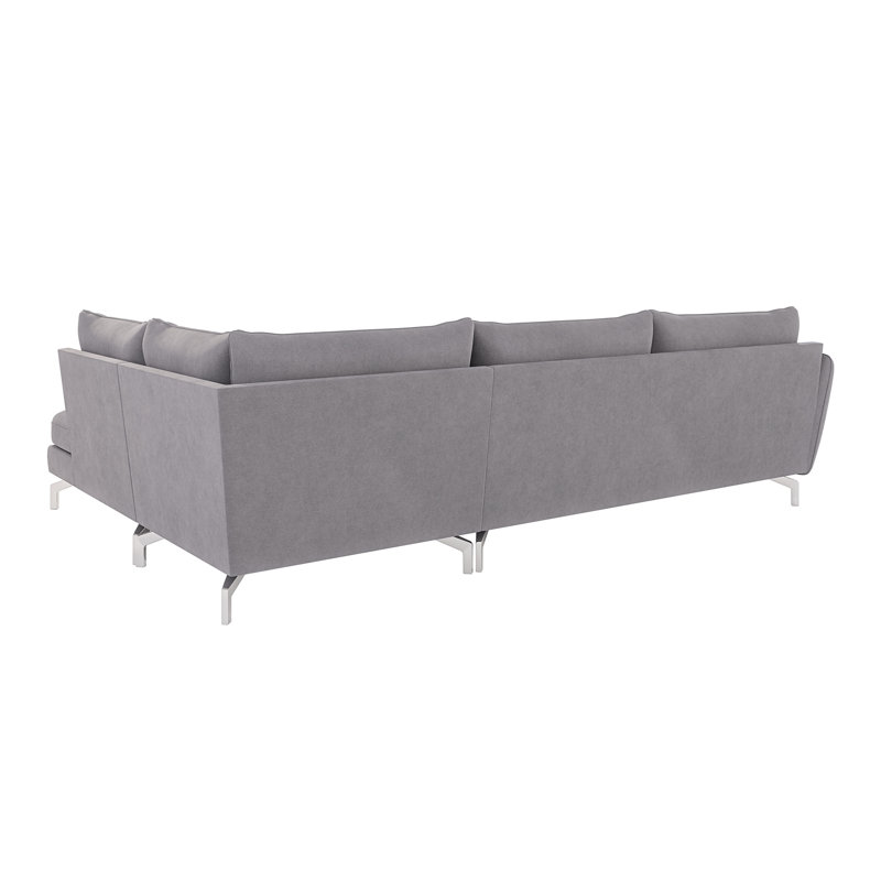 Modern L-shape Corner Sofa  with Silver Metal Legs, Right Hand Facing, Grey