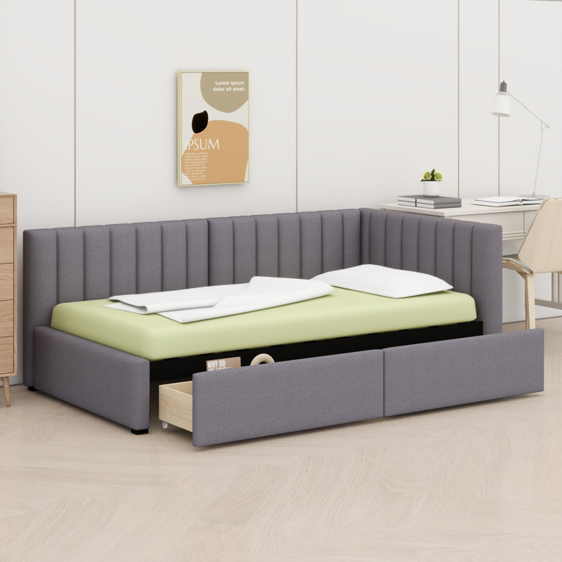 Upholstered Daybed With 2 Storage Drawers, Gray
