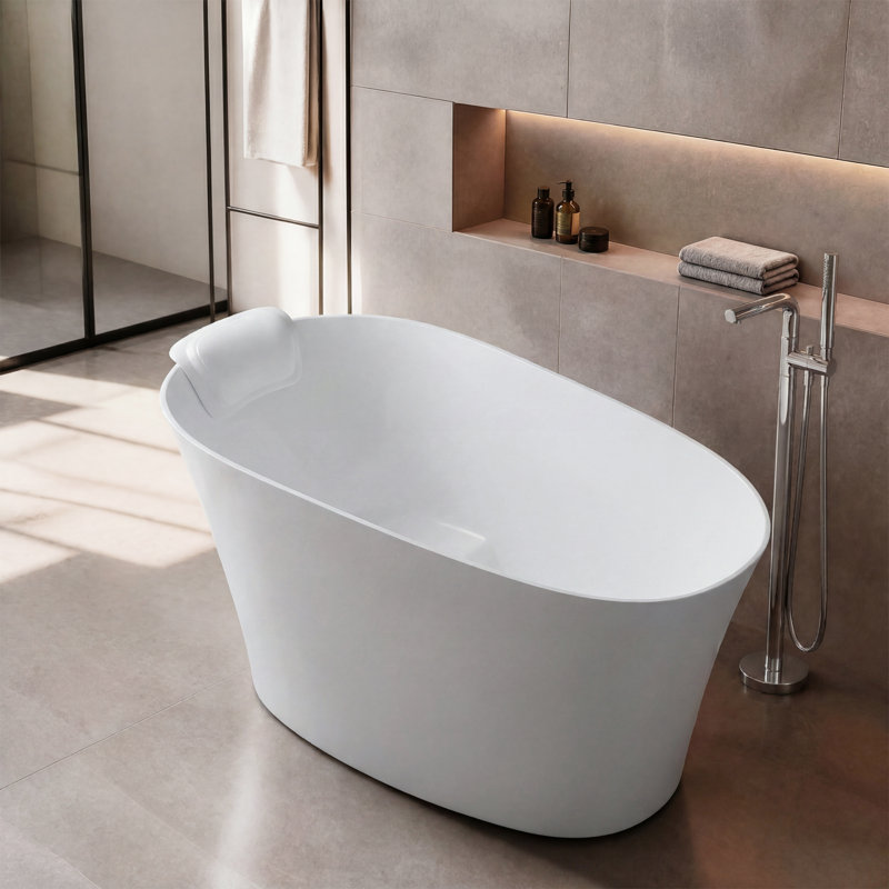 51" Oval Freestanding Solid Surface Bathtub With Integral Seat, Headrest, Overflow & Drain, White