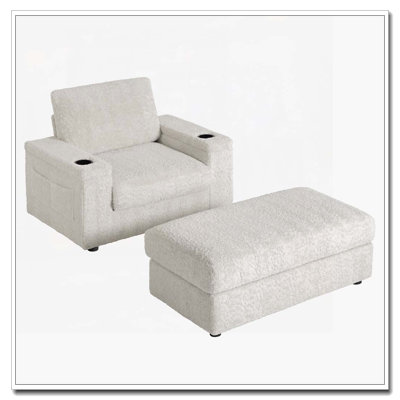 42" Oversized Upholstered  Sleeper Chair Chaise Lounge with Storage Ottoman and Armrests,Cup Holders