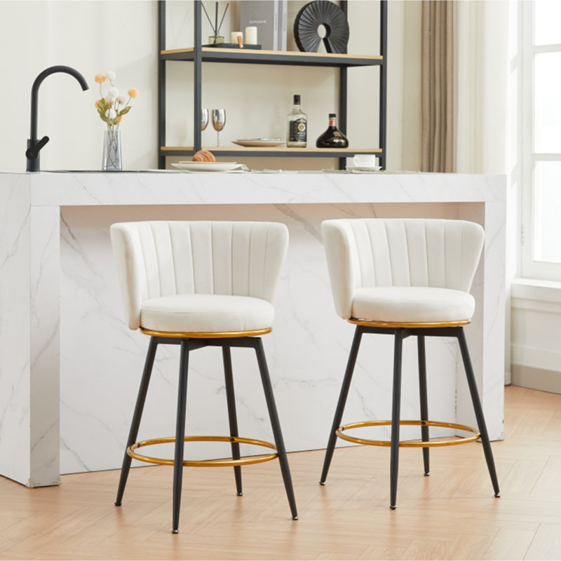 Counter Height Bar Stools Set Of 2, 360° Swivel Upholstered Barstools With Backs And Metal Legs, Mylen Fabric, Footrest, Gray