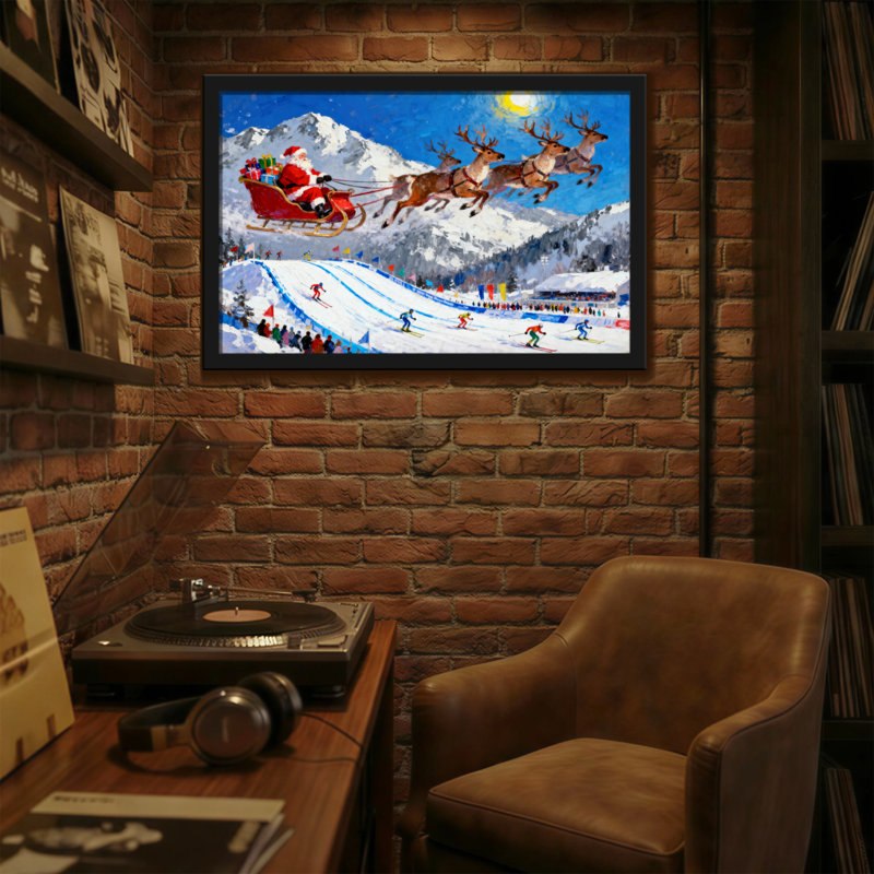 Noël, traîneau du Père Noël, renne, montagnes de neige, scène de Noël, H 24 po x l 36 po