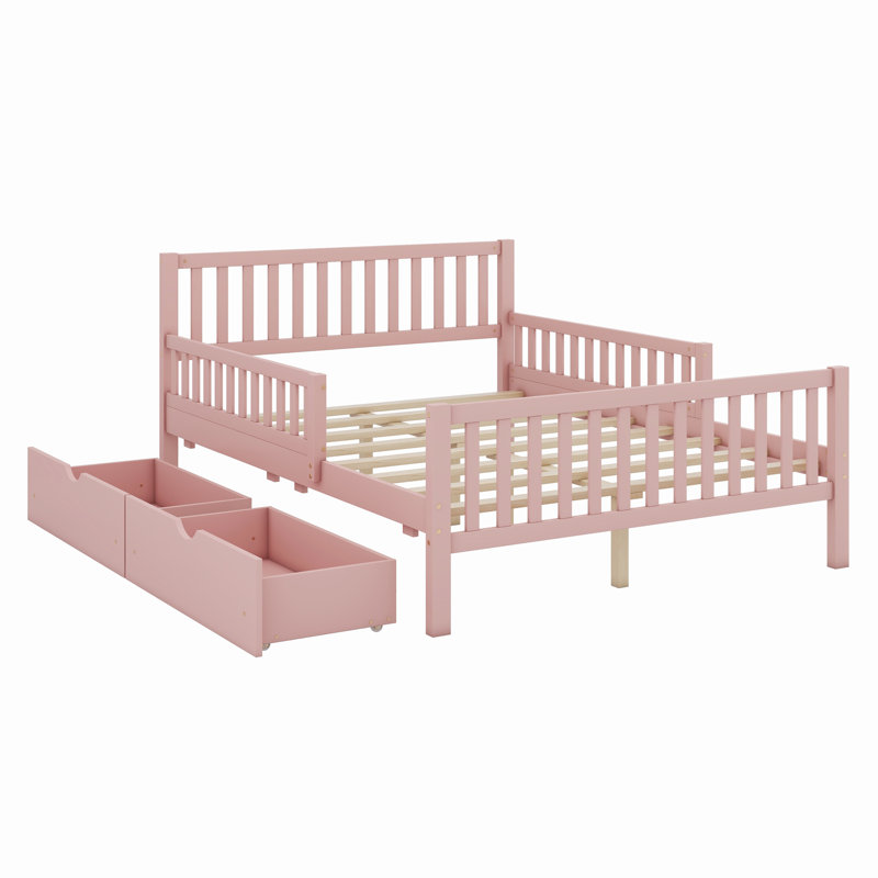 Lit plateforme en bois avec garde-corps des deux côtés et des tiroirs, Double, Rose