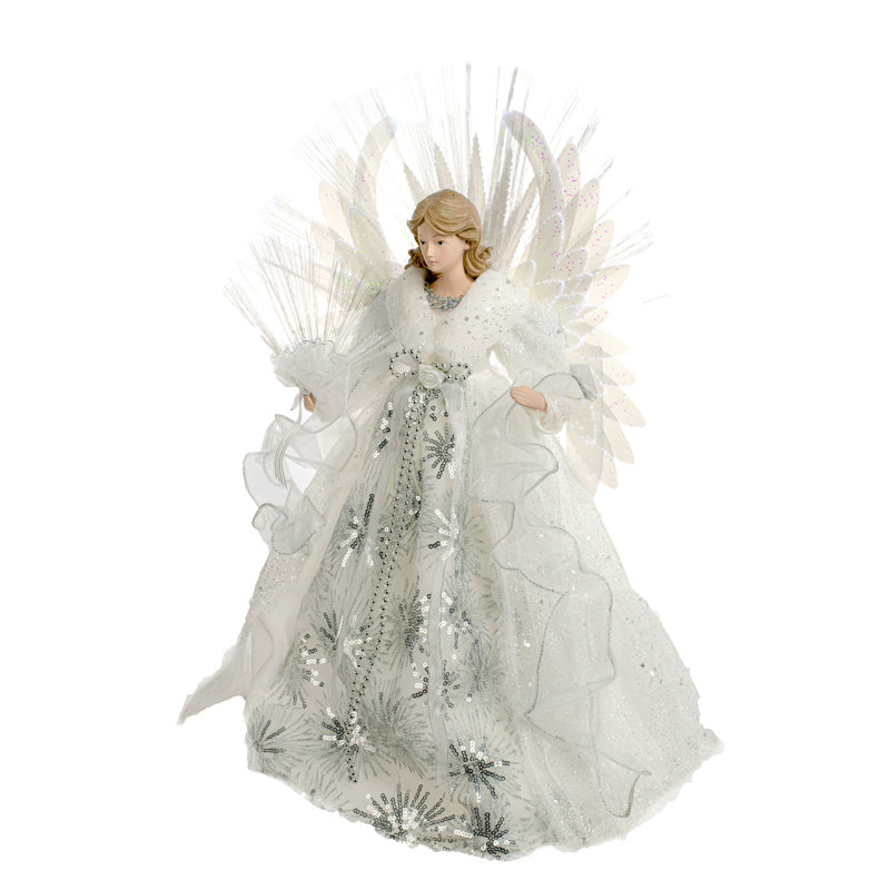 18'' Handmade Fabric Lighted Tree Topper, White/Silver