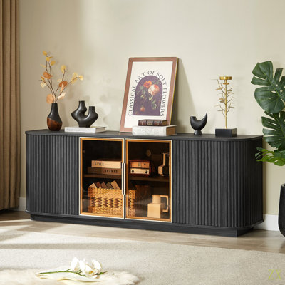 Meuble télé 64 pouces, buffet rond, armoire de rangement à rayures verticales en bois, armoire en aluminium avec cadre en verre trempé pour le salon / la chambre à coucher / le vestibule. , L 64 po x P 15 po x H 24 po.
