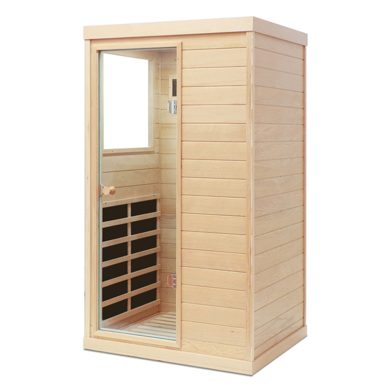 Hemlock Mini One Person Far Infrared Door On The Left Of The Indoor Sauna Room, Natural, Right