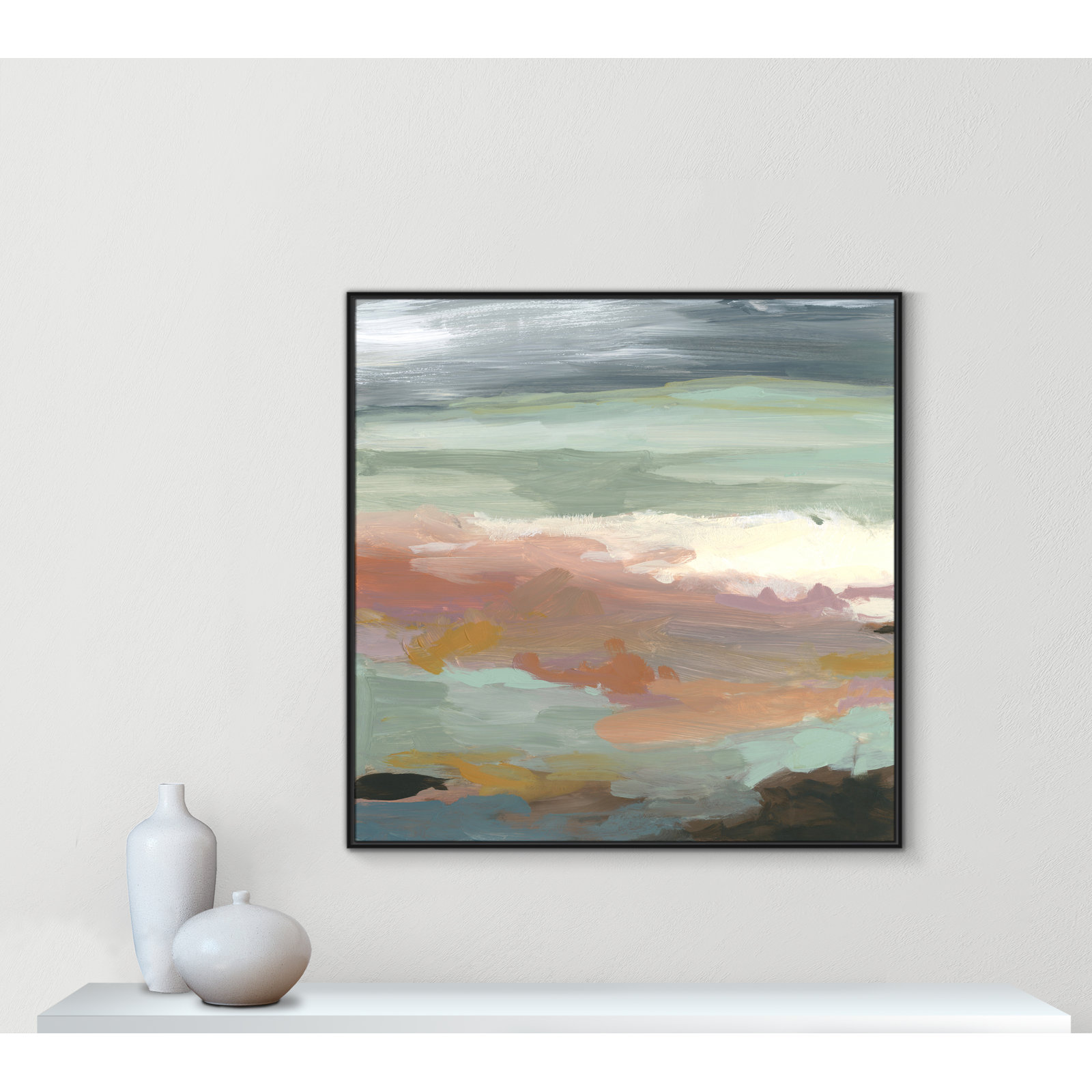 Ocean Bluffs by Carol Robinson - Painting Print on Paper, Picture Framed Canvas, 46.5" H x 46.5" W, Black