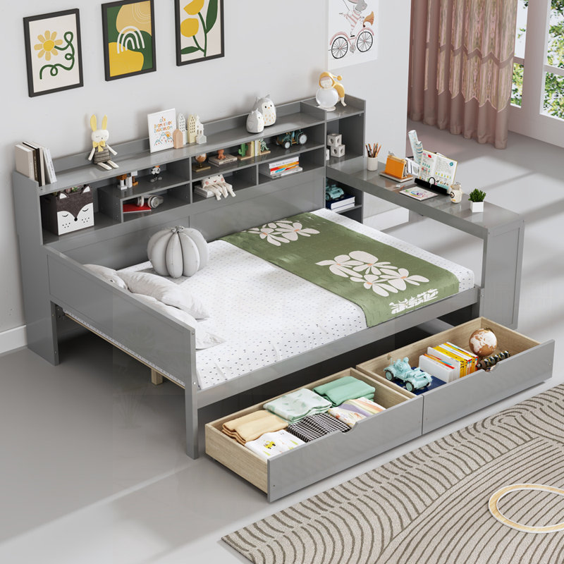 Lit de jour double en bois avec tablettes de rangement, lit multifonctionnel avec deux tiroirs et bureau d'étude, Double