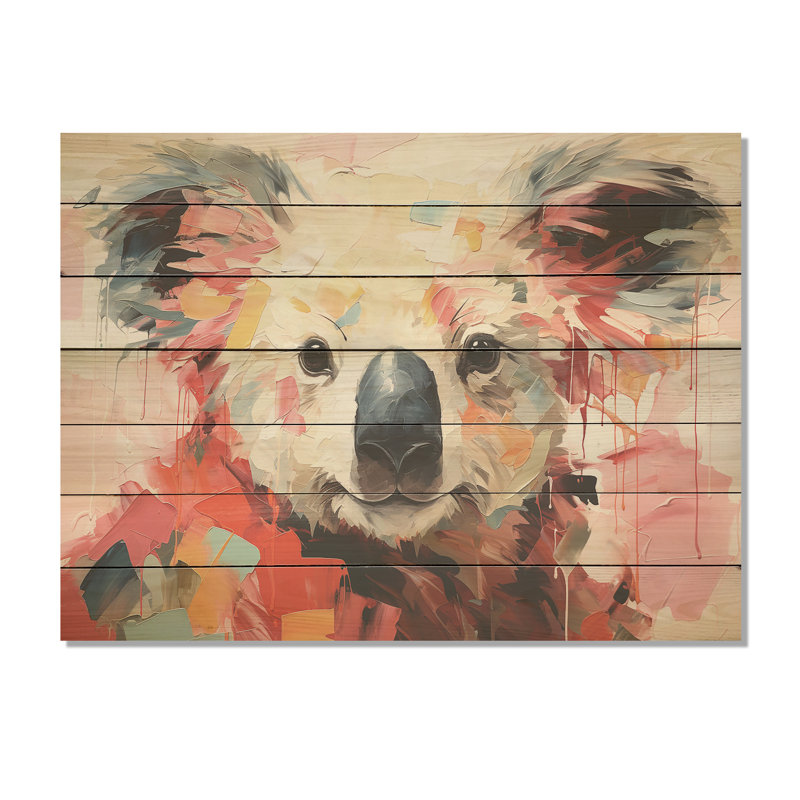 Floral rose et vert Koala III - Koala sur bois, H 10 po x l 20 po