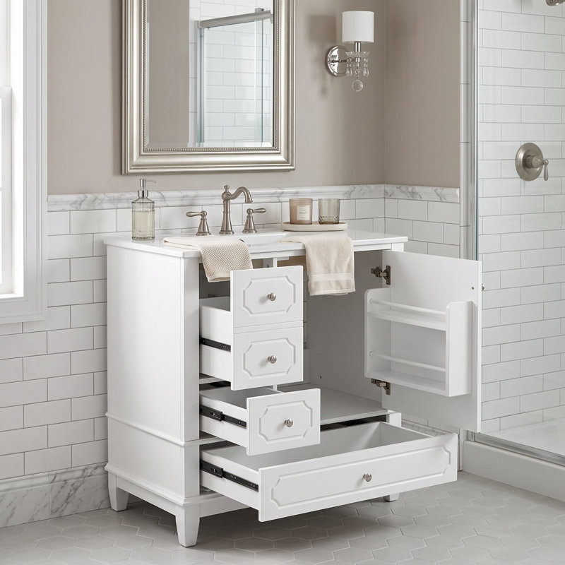 Meuble-lavabo de salle de bain de 76 cm avec lavabo, meuble-lavabo autoportant blanc avec lavabo en céramique, White