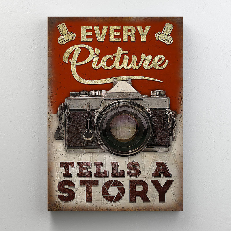 Camera On Brown And Red Background - Wrapped Canvas Textual Art, 14" H x 11" W x 2" D