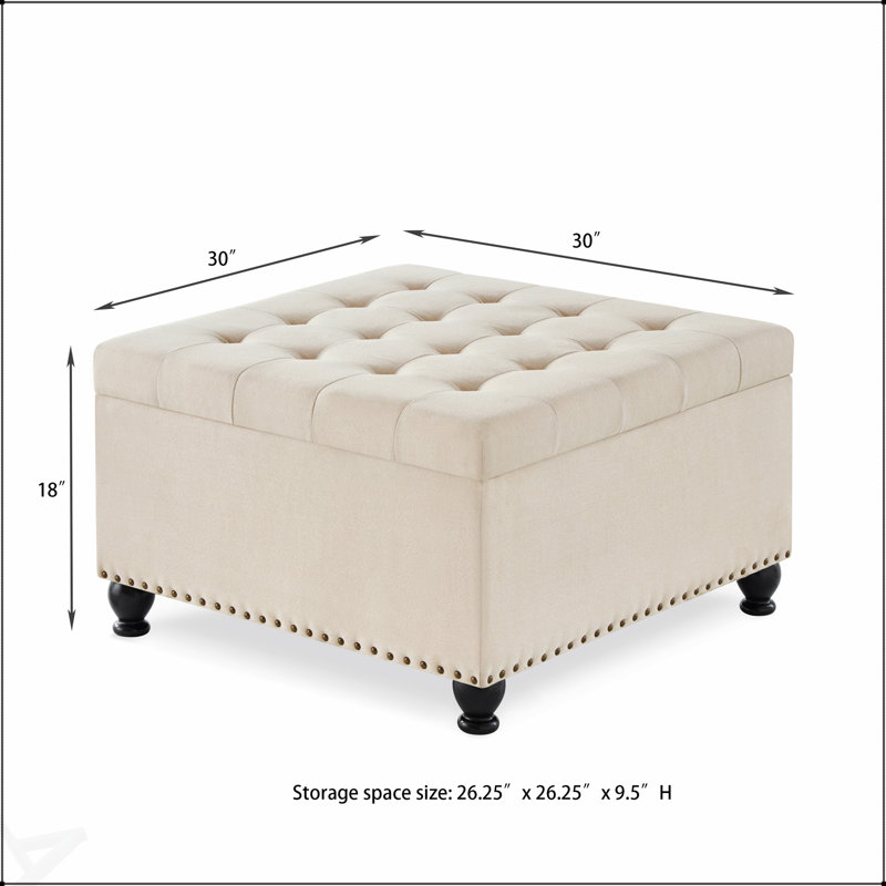 Large Square Storage Ottoman With Wooden Legs, Button Tufted And Nail Trimmed For Elegant Living Space, Beige
