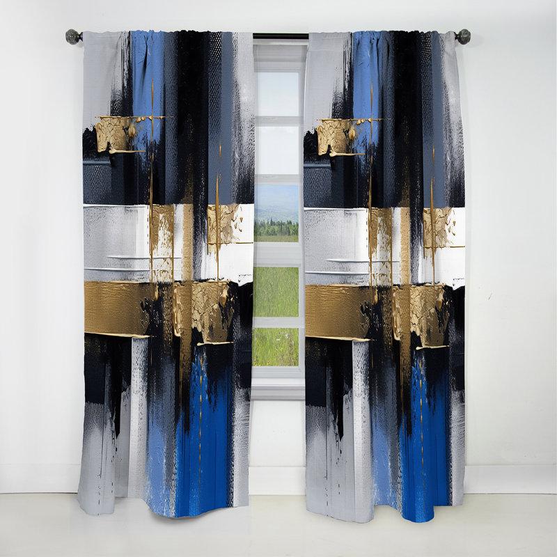 Abstract Curtain Panel, Gold Blue Paint Collage Blackout Decor - Gold And Blue Paint Elegance III, 52" W x 95" L