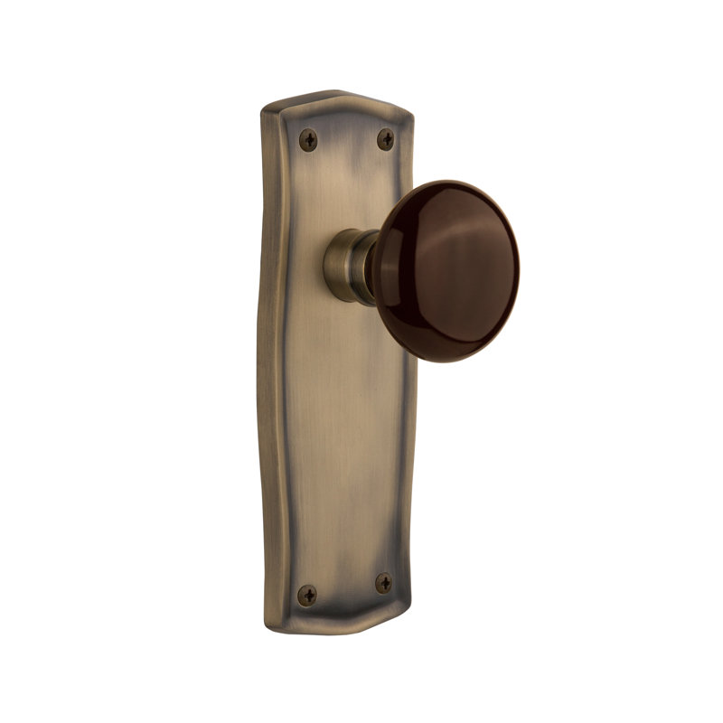 Prairie Plate with Brown Porcelain Door Knob, Antique Brass, 2 3/8