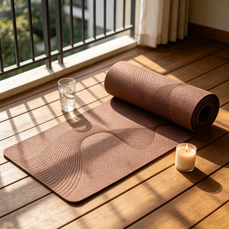 Tapis d'exercice de 8 mm TPE, résistant aux déchirures avec sangle de transport, Brun