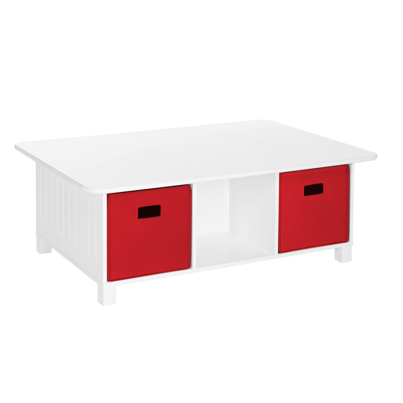 RiverRidge Kids Desk, Activity and Play Table with 6 Storage Cubbies - White with 2 Fabric Bins, White/Red